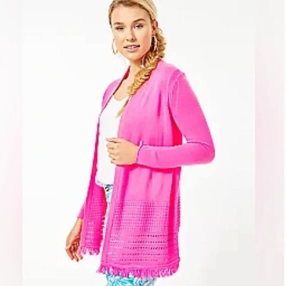 Lilly Pulitzer Noble Fringe Cardigan Deep Prosecco Pink - Picture 6 of 17